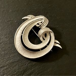 TRIFARI Stamped Mid-Century Silver Tone Etched Swirl Brooch